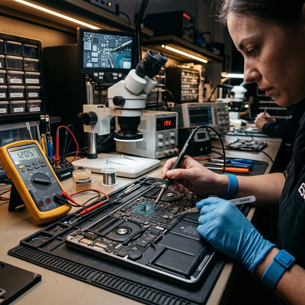 Technician inspecting a laptop motherboard at a professional repair bench